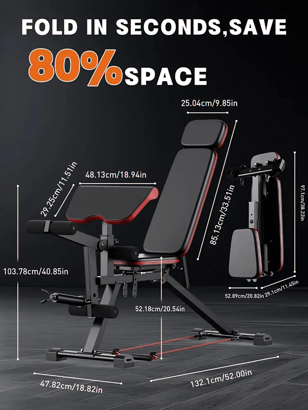4 in 1 Adjustable Weight Bench for Core Training - SF3458, compact foldable design, save space, dimensions for home gym.
